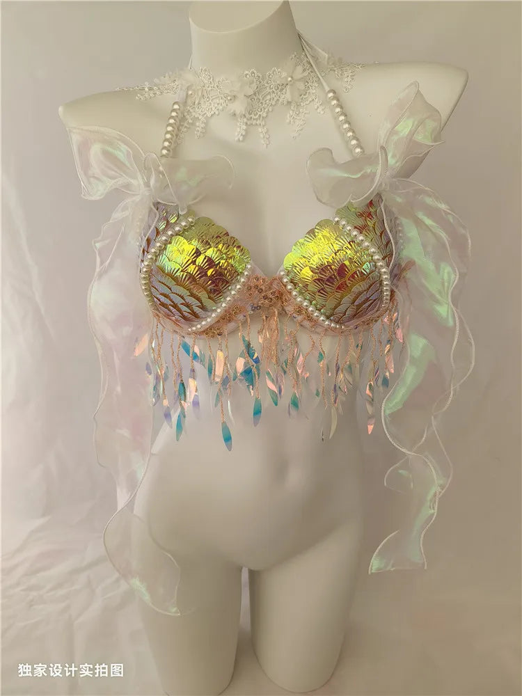 12 Colors Mermaid Sequins Shells Bikini Tops Bras Oceanarium Bar Performances Out Of Costume Fishtail Skin Women FreedivingShow Sunset and Swim   