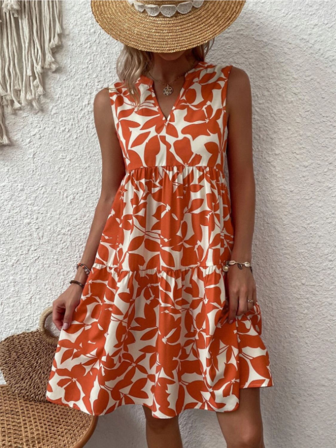 Sunset Vacation Printed Notched Sleeveless Mini Dress Sunset and Swim   