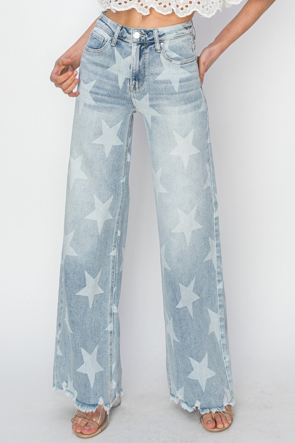 RISEN Plus Size Raw Hem Star Wide Leg Jeans Sunset and Swim   