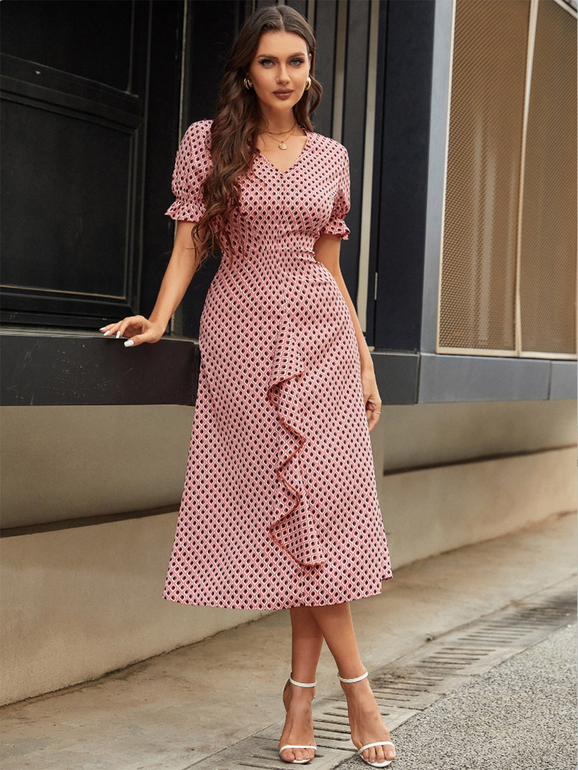 Printed V-Neck Flounce Sleeve Midi Dress Sunset and Swim   