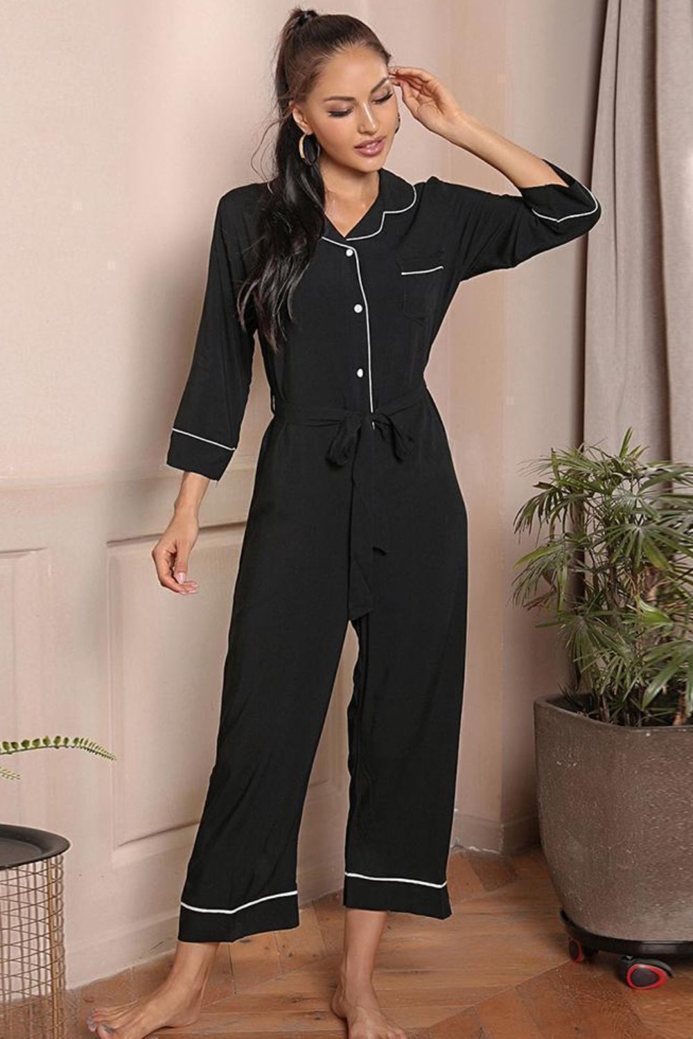 Sunset and Swim Contrast Belted Lapel Collar Jumpsuit Sunset and Swim Black S 