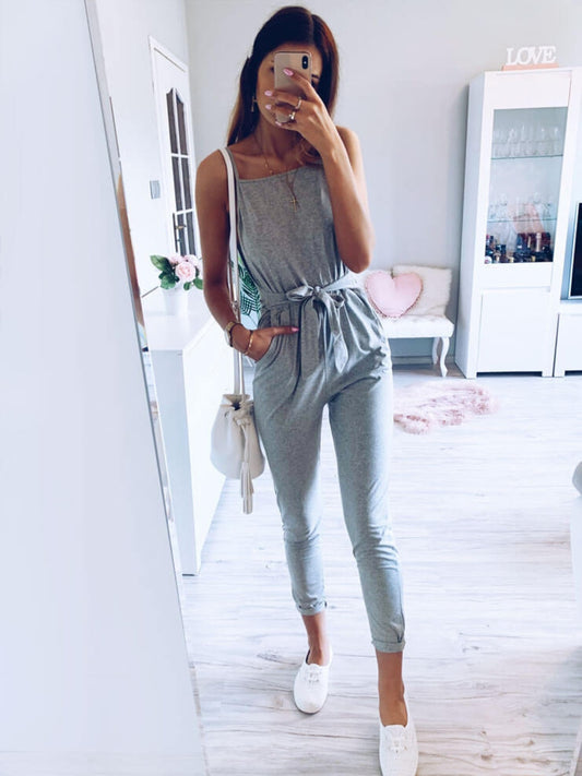Tied Spaghetti Strap Square Neck Jumpsuit Sunset and Swim Gray S 