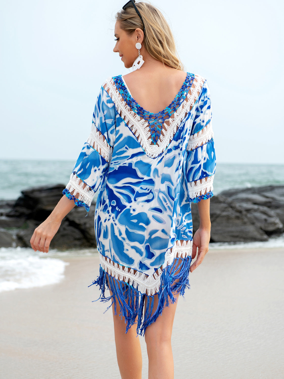 Cutout V-Neck Three-Quarter Sleeve Cover Up Sunset and Swim   