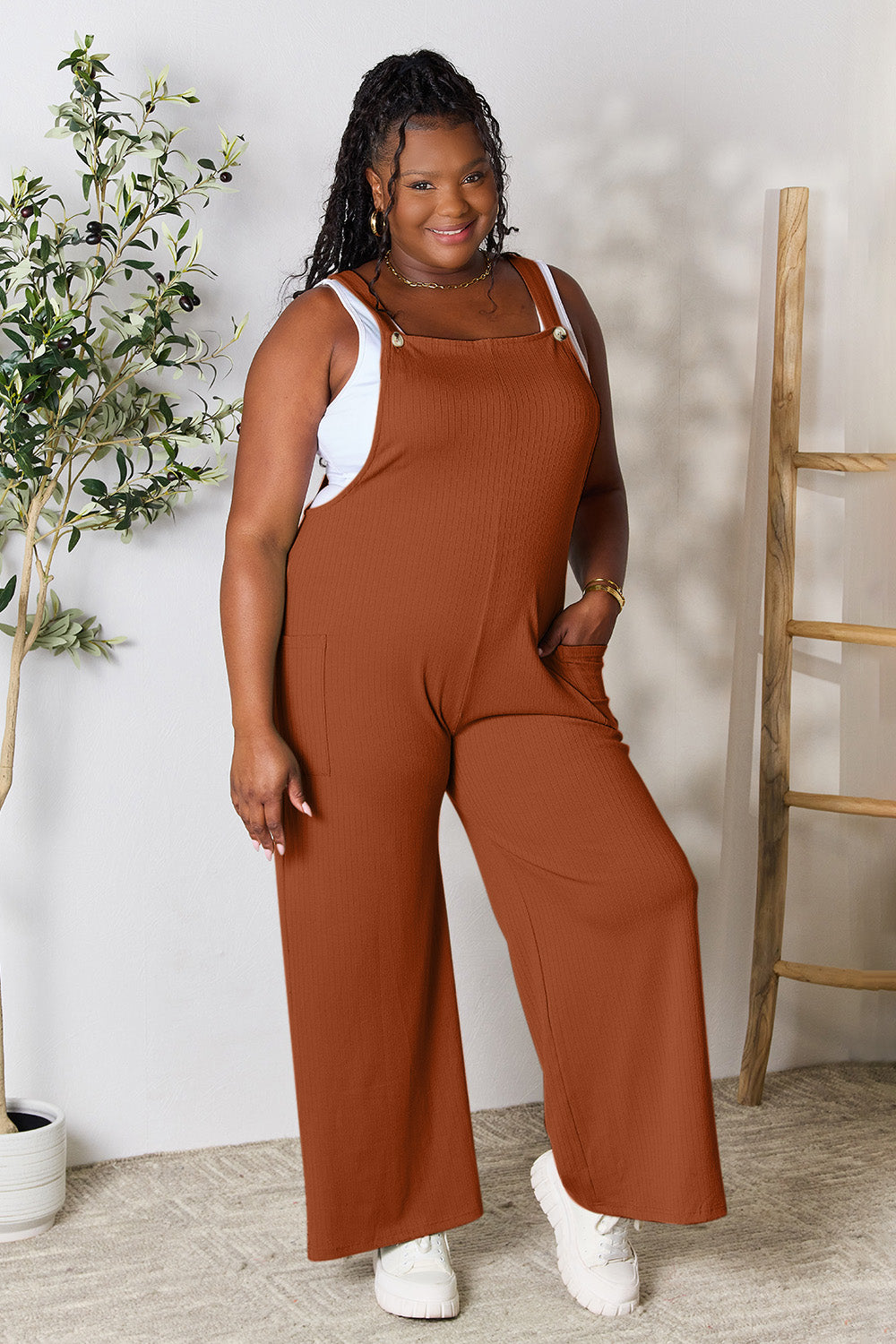 Double Take Plus Size Wide Strap Overall with Pockets Sunset and Swim Ochre S 