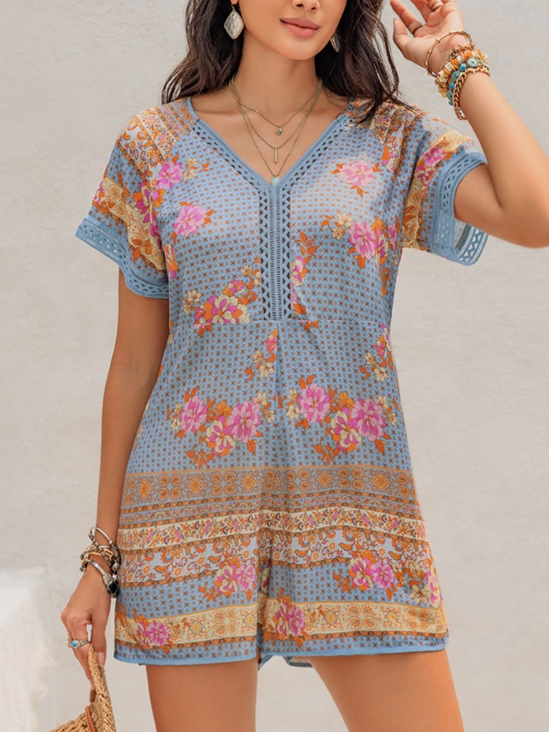 Printed V-Neck Short Sleeve Romper Sunset and Swim Light Blue S 