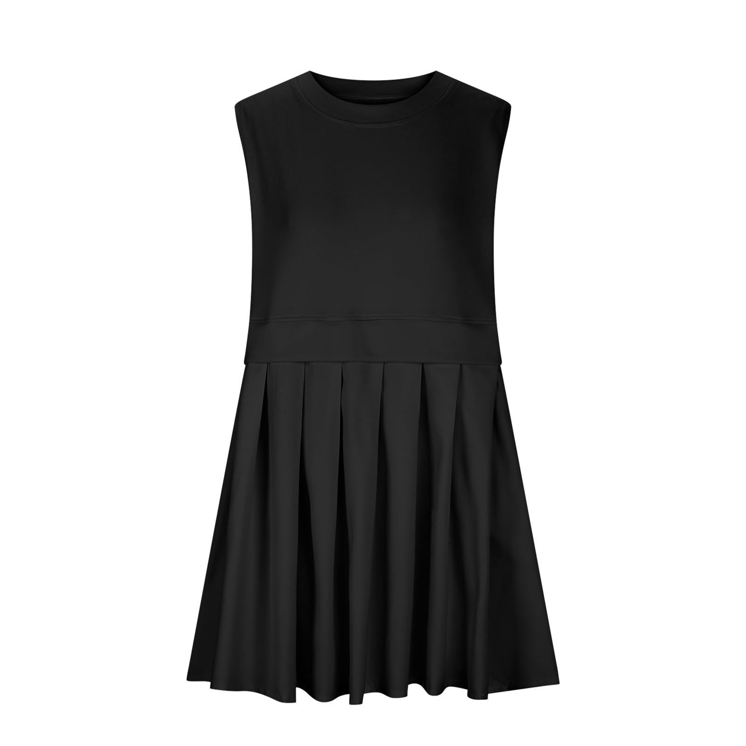 Pleated Round Neck Sleeveless Mini Dress Sunset and Swim Black S 