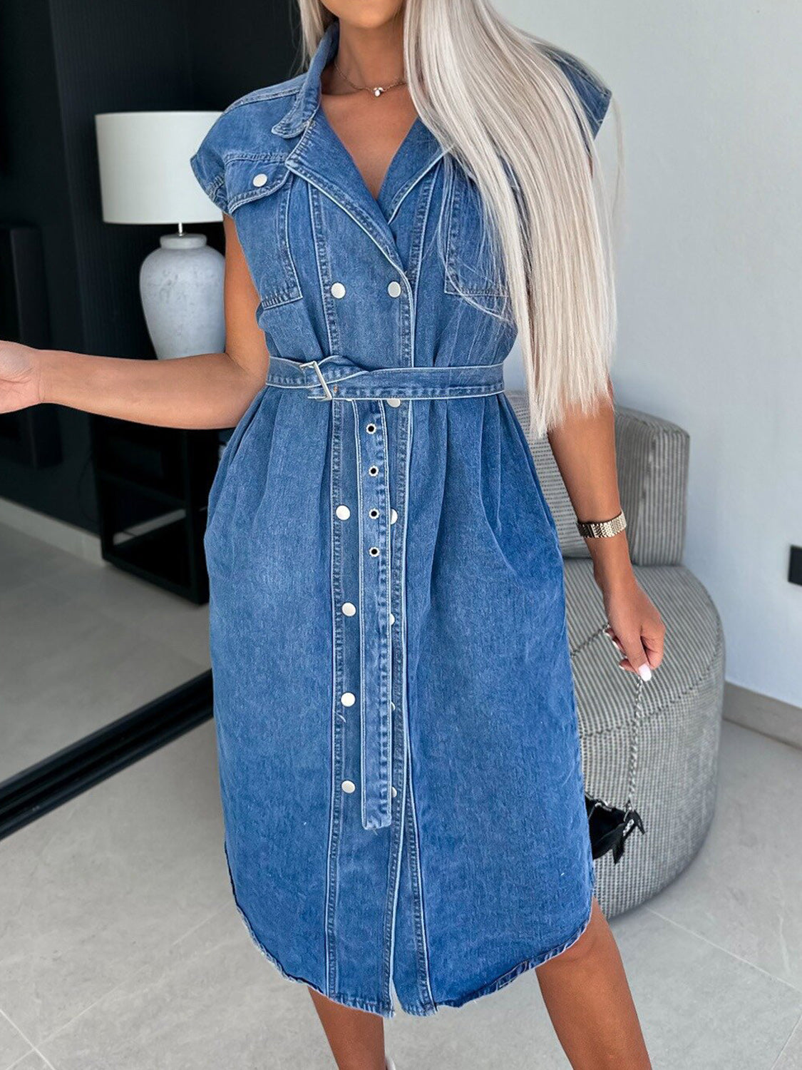 Collared Neck Cap Sleeve Denim Dress Sunset and Swim Medium S 