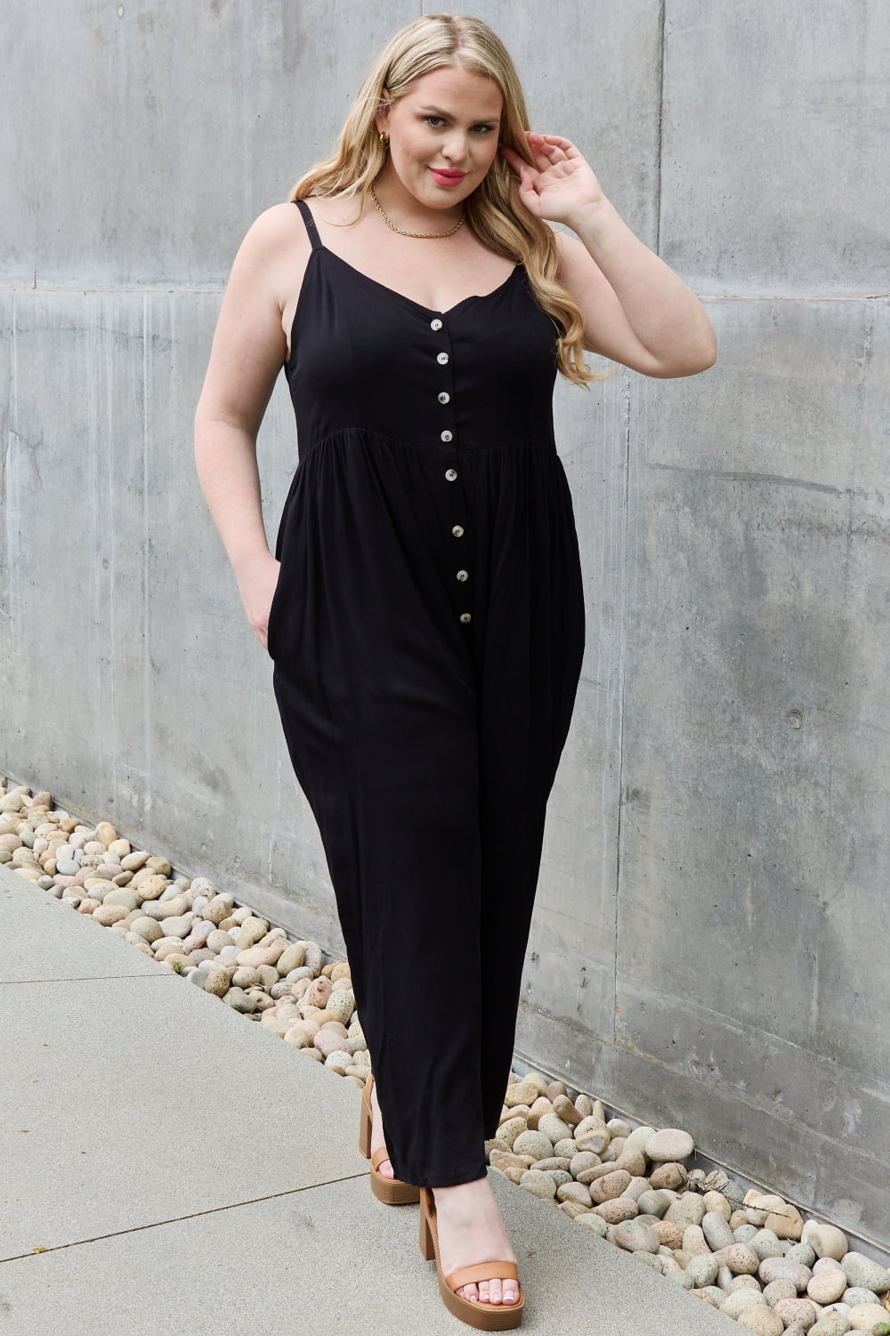 HEYSON All Day Full Size Wide Leg Button Down Jumpsuit in Black Sunset and Swim   