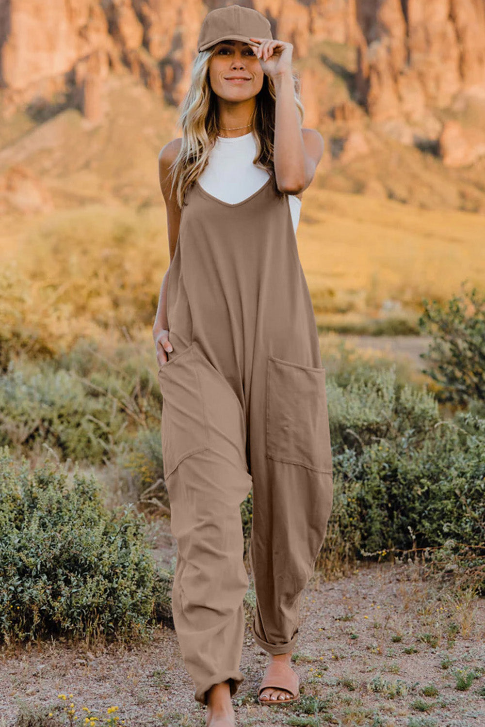 Sunset Vacation  Double Take Plus Size V-Neck Sleeveless Jumpsuit with Pockets  Sunset and Swim Tan S 