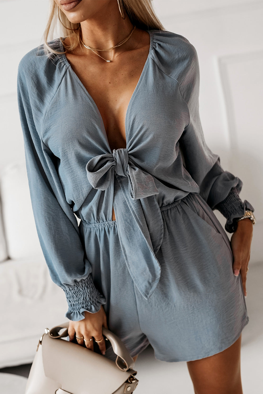 Tied Flounce Sleeve Plunge Romper Playsuit  Sunset and Swim Cloudy Blue S 