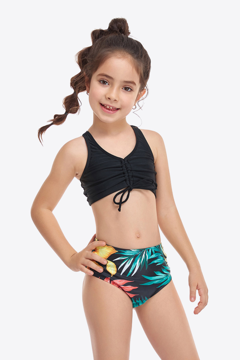 Sunset Vacation  Printed Drawstring Ruched Two-Piece Swim Set I Kids Swimwear  Sunset and Swim Black 4T 