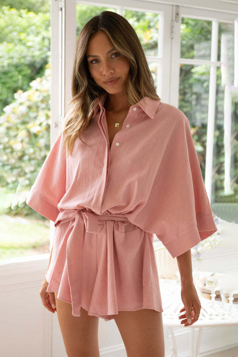 Tied Button Up Collared Neck Romper Sunset and Swim Dusty Pink S 