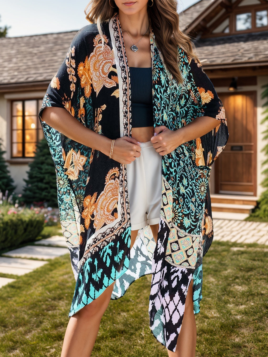 Sunset Vacation  Printed Open Front Beach Cover Up Sunset and Swim Black One Size 