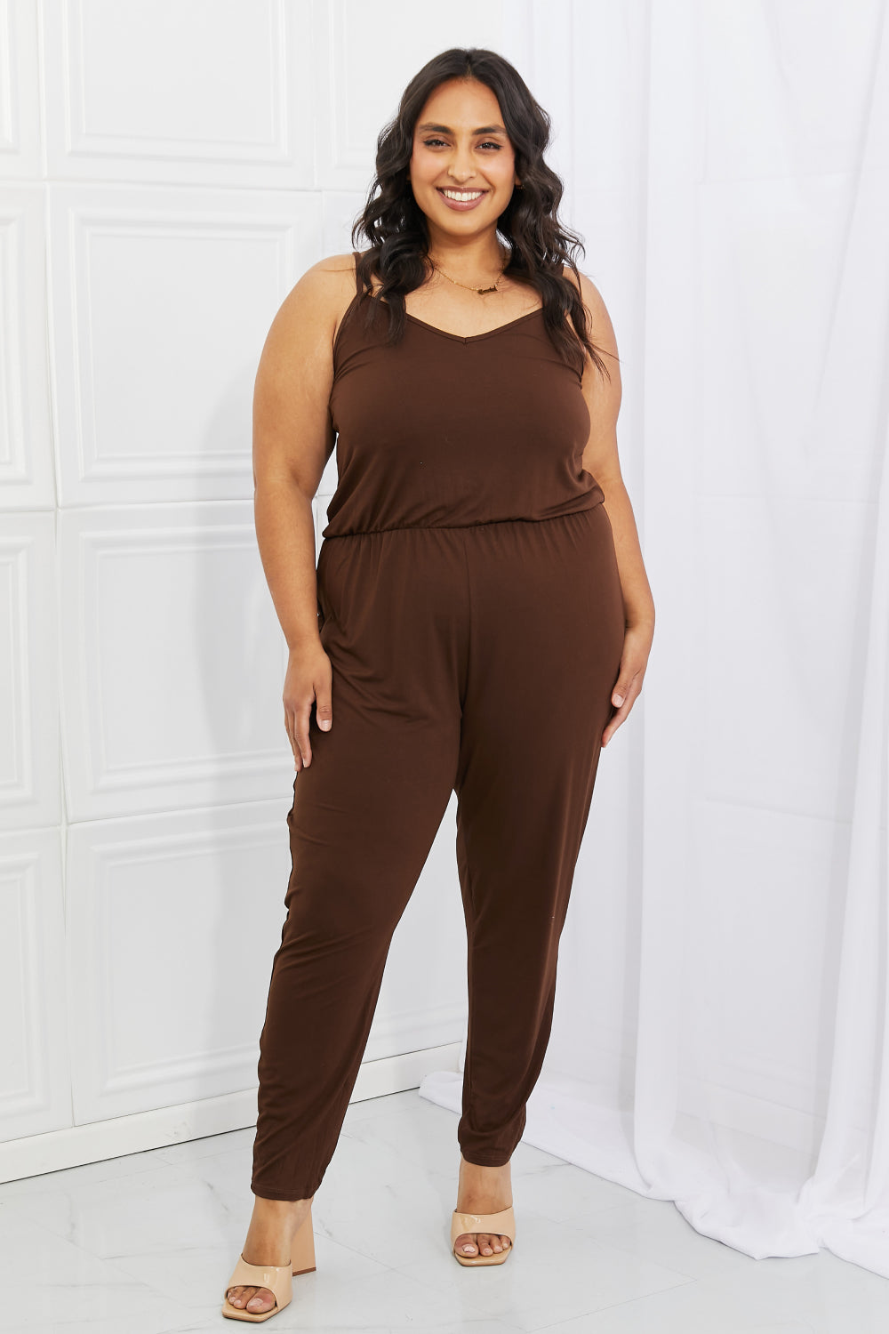 Capella Comfy Casual Plus Size Solid Elastic Waistband Jumpsuit in Chocolate Sunset and Swim   