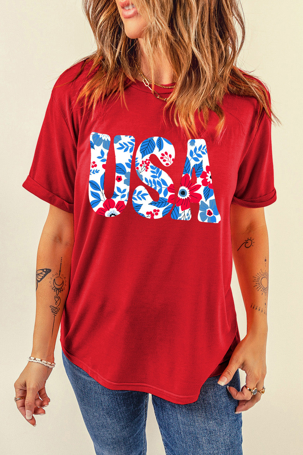 USA Round Neck Short Sleeve T-Shirt Sunset and Swim Deep Red S 