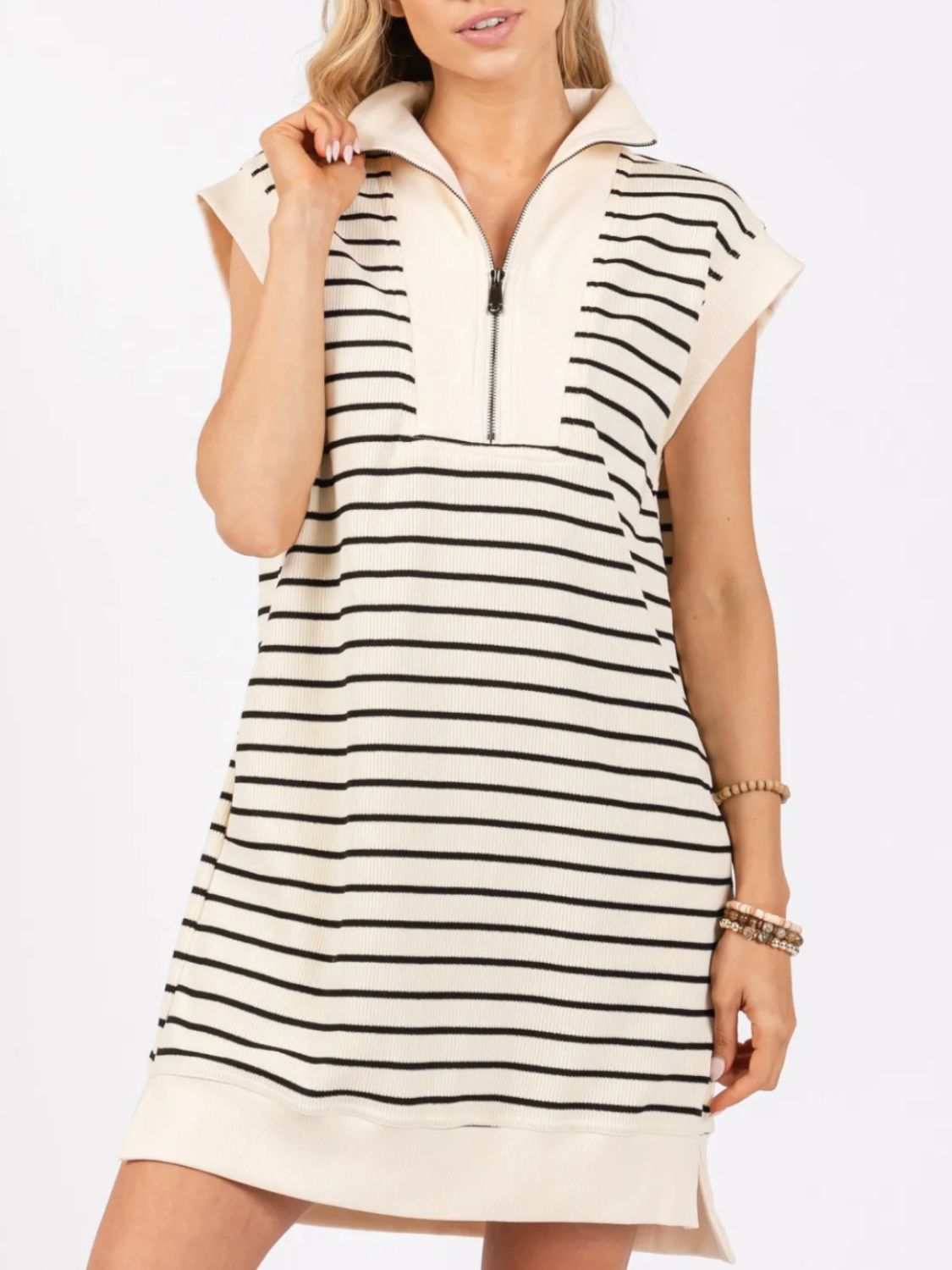 Sunset Vacation Full Size Pocketed Striped Quarter Zip Cap Sleeve Dress Sunset and Swim Cream S 