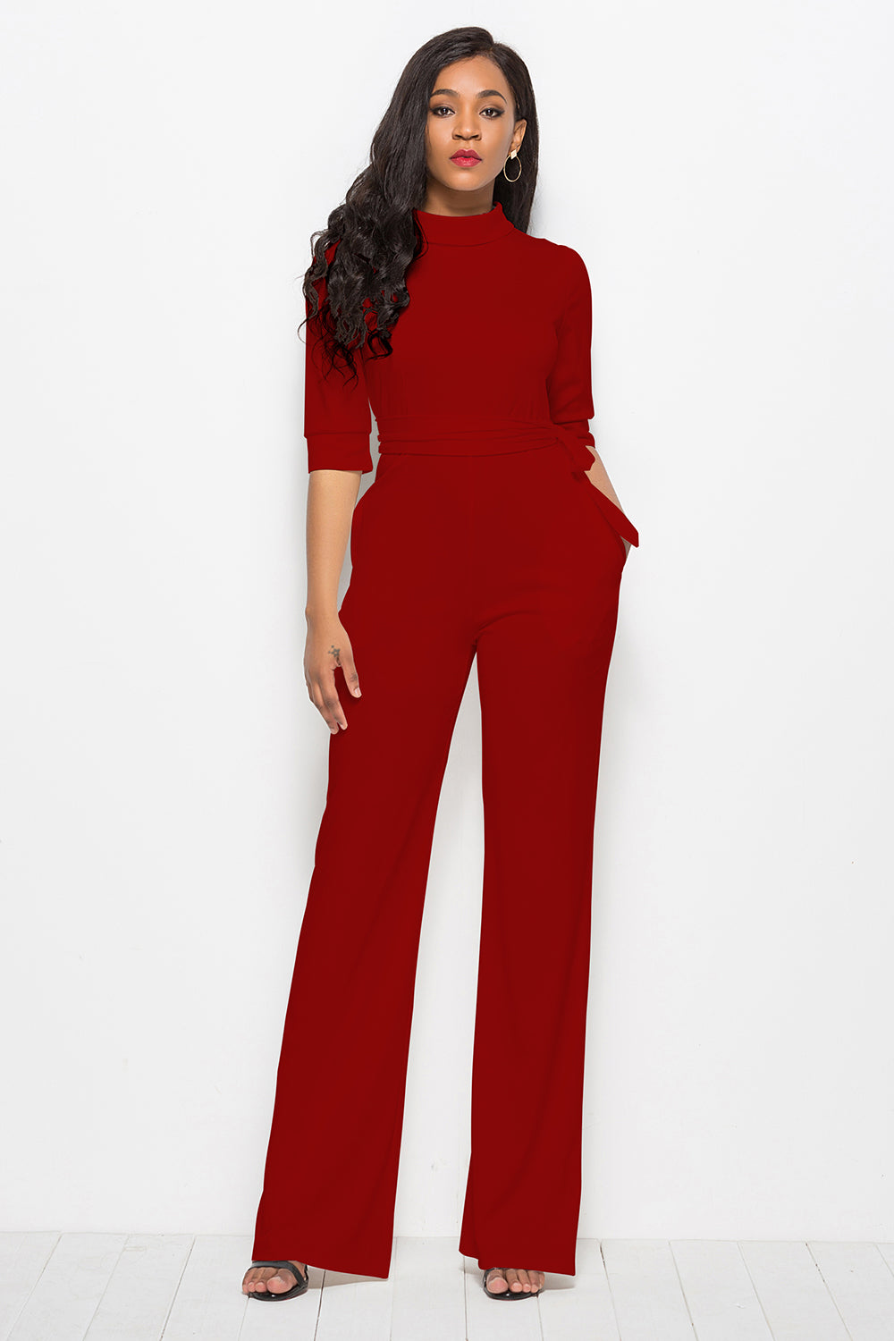 Mock Neck Tie-Waist Half Sleeve Jumpsuit Sunset and Swim   