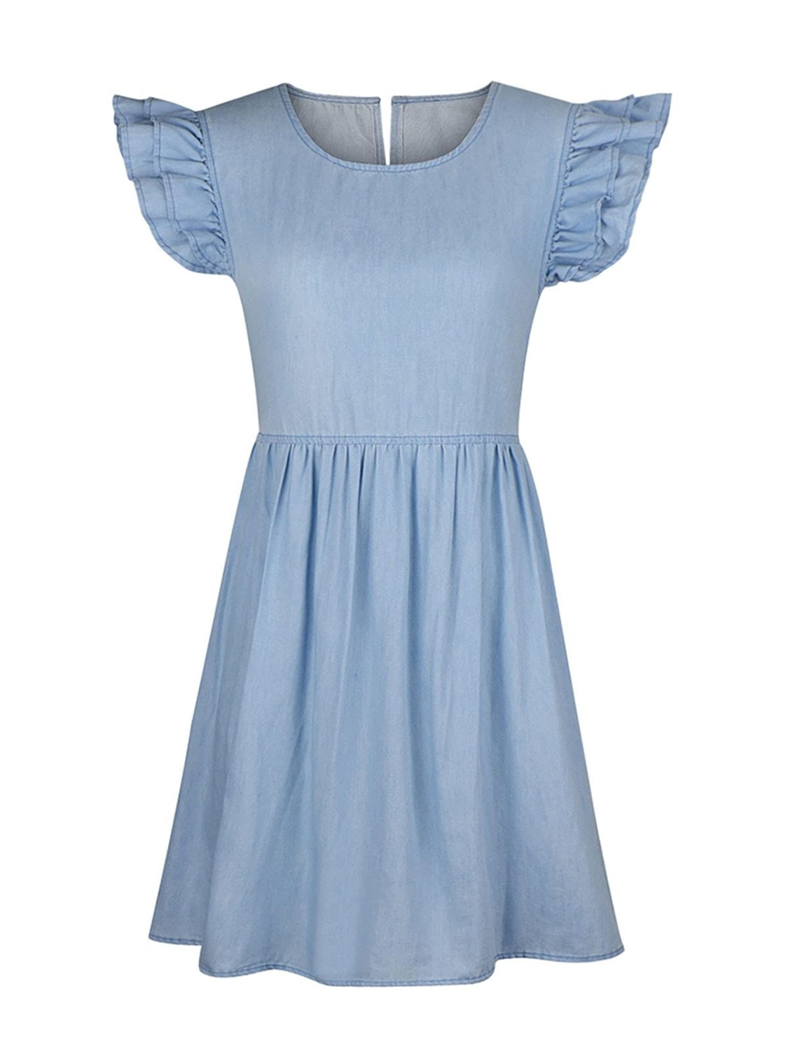 Full Size Ruffled Round Neck Cap Sleeve Denim Dress  Sunset and Swim   