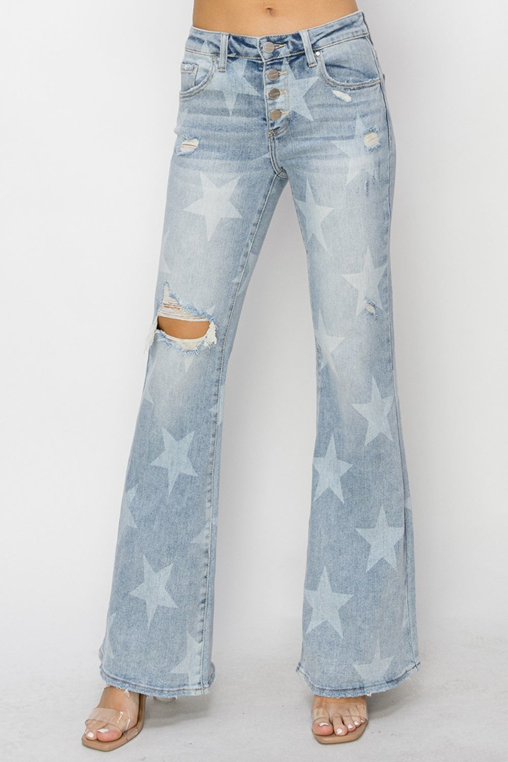 RISEN Mid Rise Button Fly Start Print Flare Jeans  Sunset and Swim   