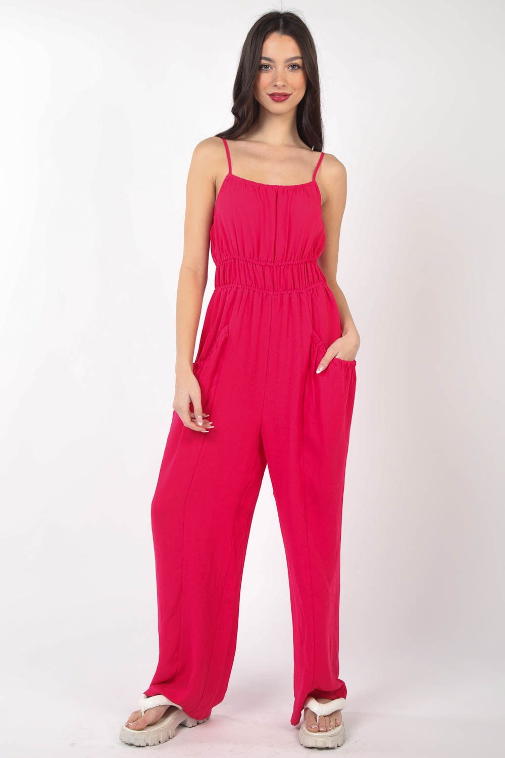 Sunset and Swim  Pintuck Detail Woven Sleeveless Jumpsuit Sunset and Swim Hot Pink S 