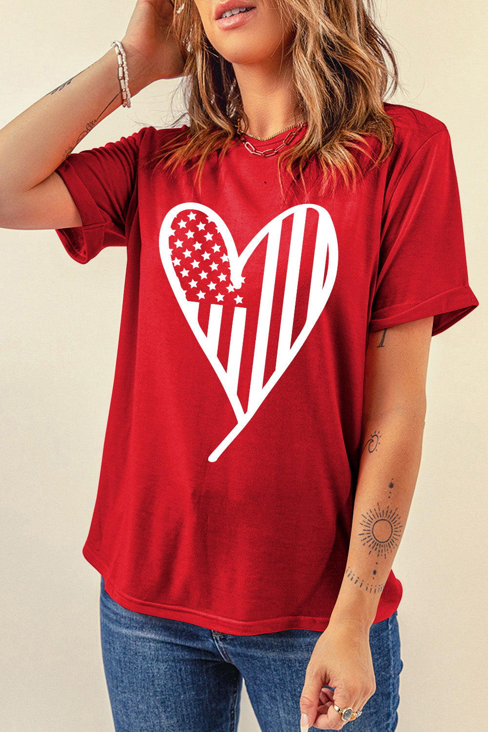 Heart Round Neck Short Sleeve T-Shirt Sunset and Swim Deep Red S 