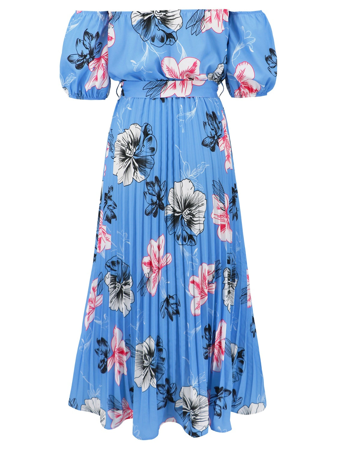 Sunset Vacation Pleated Floral Off-Shoulder Short Sleeve Midi Dress Sunset and Swim   