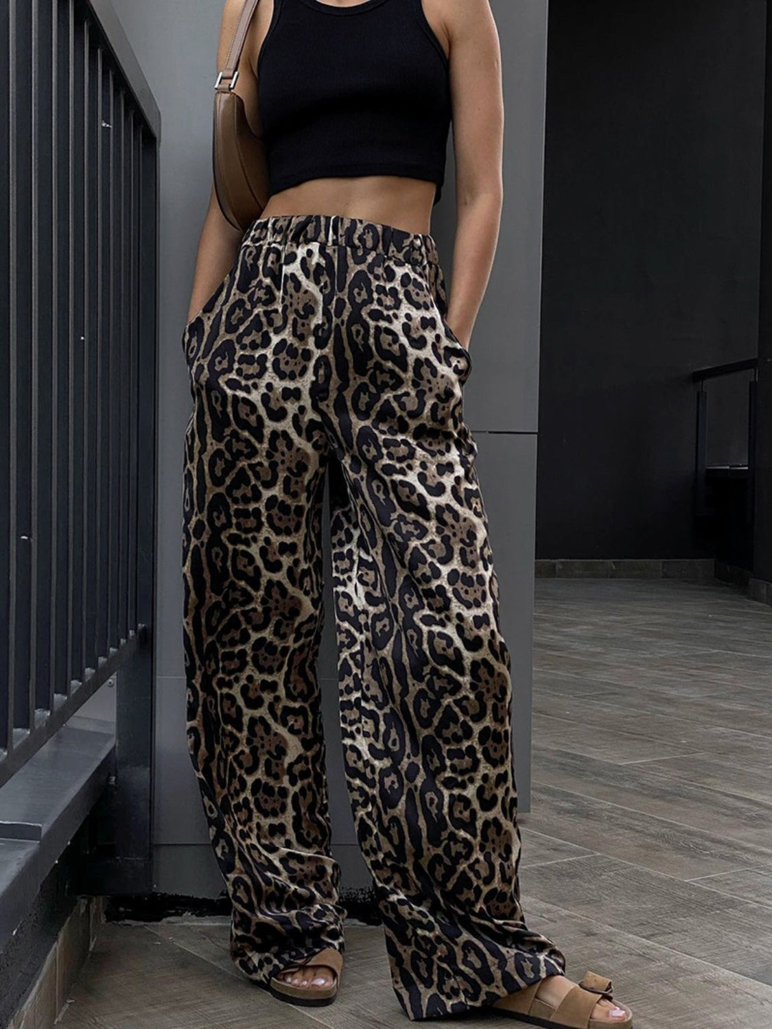 Leopard High Waist Wide Leg Pants Sunset and Swim Black S 