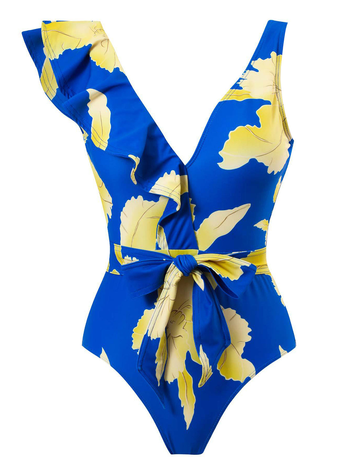 Sunset Vacation  Tied Printed V-Neck Sleeveless One-Piece Swimwear Sunset and Swim Royal Blue S 