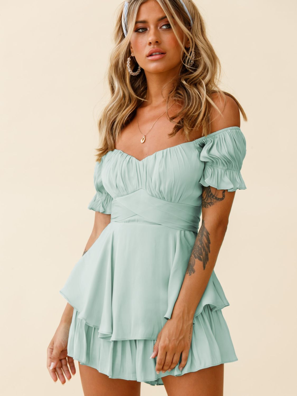 Off Shoulder Flounce Sleeve Romper Sunset and Swim Light Green S 