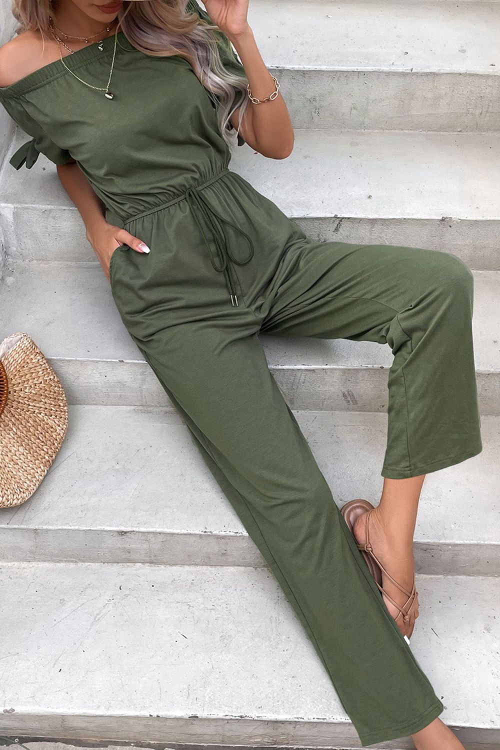 Off-Shoulder Tie Cuff Jumpsuit with Pockets Sunset and Swim   