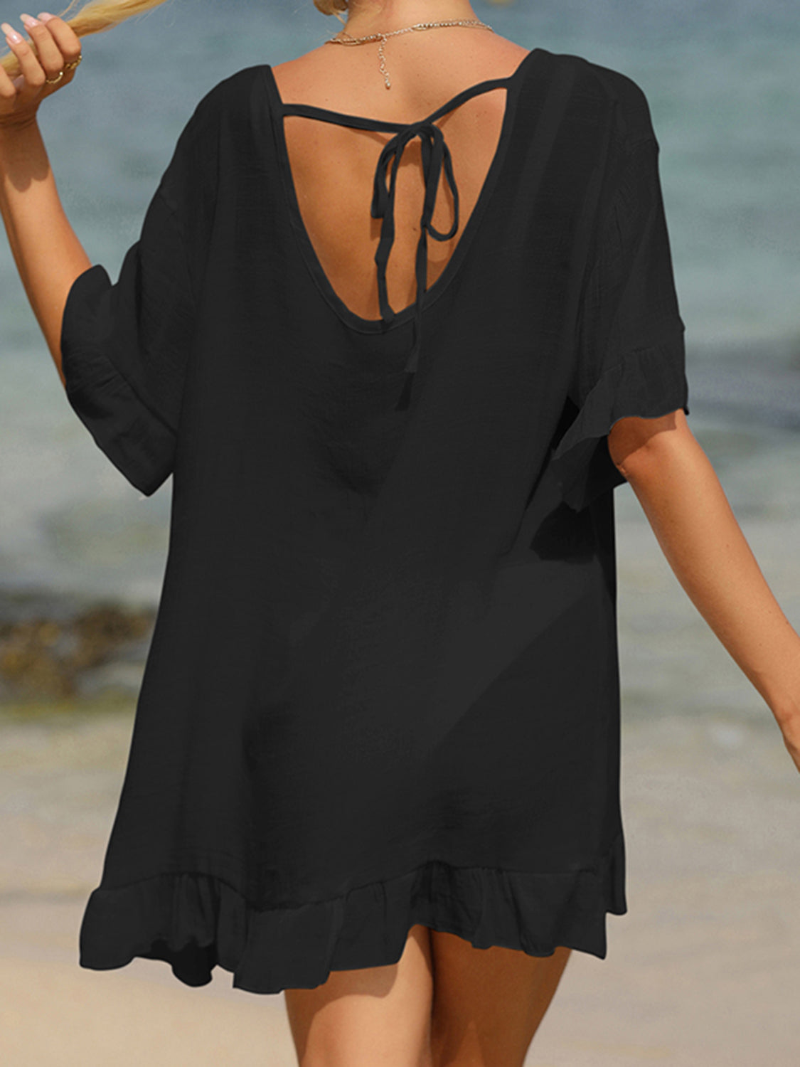 Sunset Vacation  Tied Ruffled Half Sleeve Beach Cover Up Sunset and Swim   