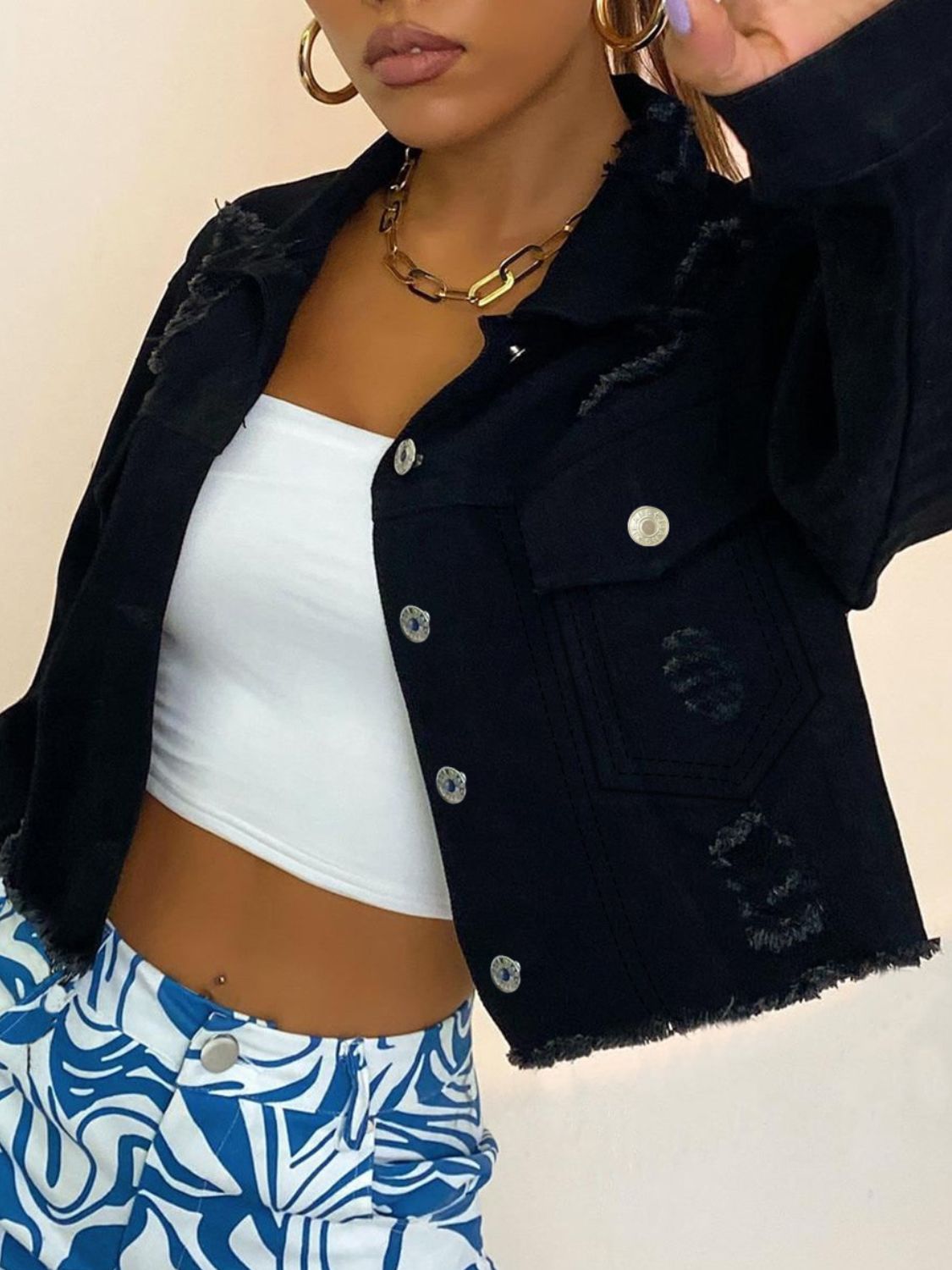 Distressed Collared Neck Long Sleeve Denim Top Sunset and Swim   