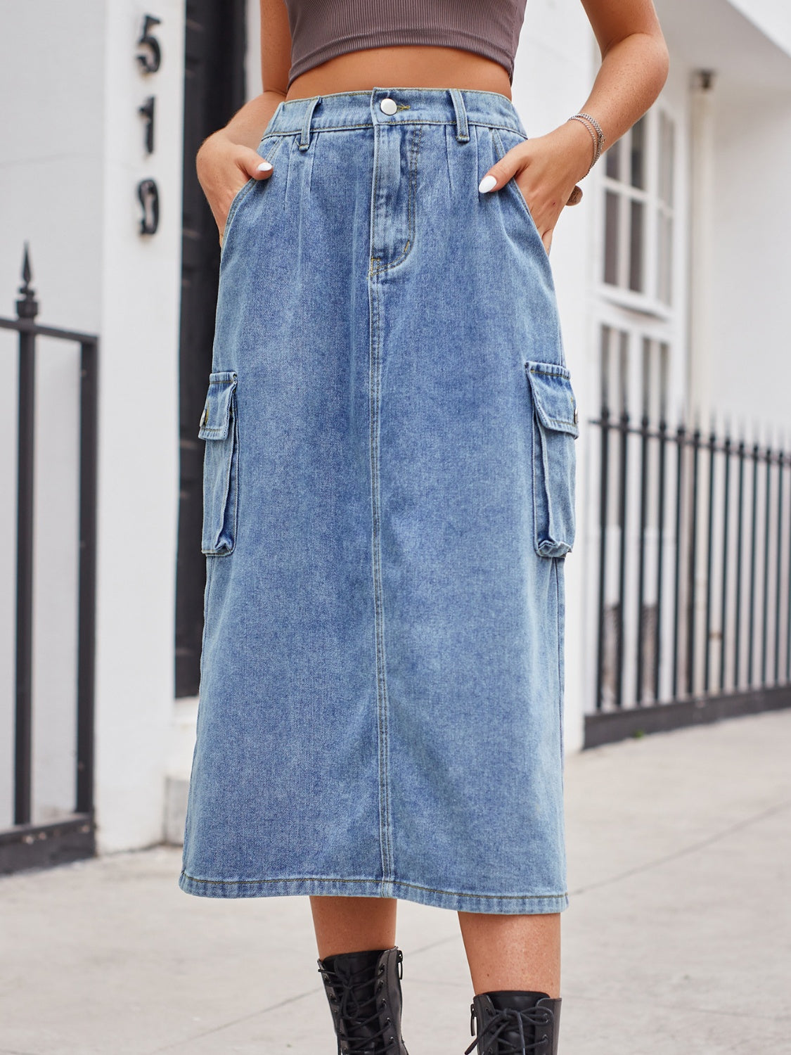 Slit Buttoned Denim Skirt with Pockets Sunset and Swim Dusty  Blue S 