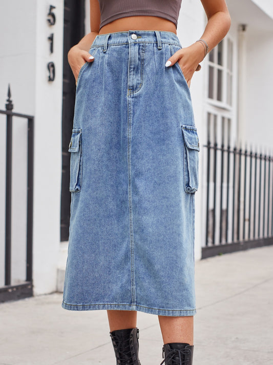 Slit Buttoned Denim Skirt with Pockets  Sunset and Swim Dusty  Blue S 
