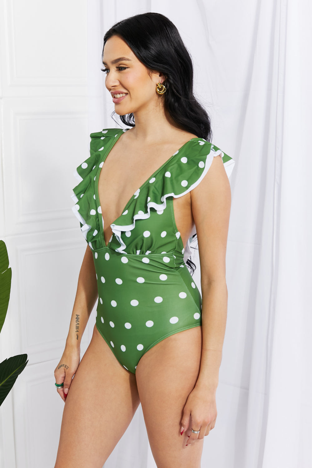 Marina West Swim Moonlit Dip Ruffle Plunge Swimsuit in Mid Green  Sunset and Swim   