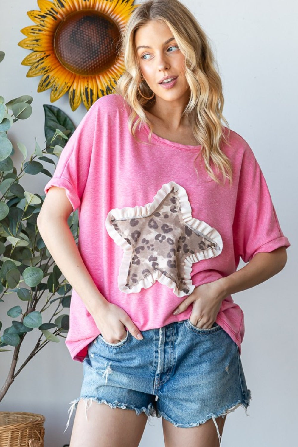 HOPELY Leopard Star Patch Short Sleeve T-Shirt Sunset and Swim Pink S 
