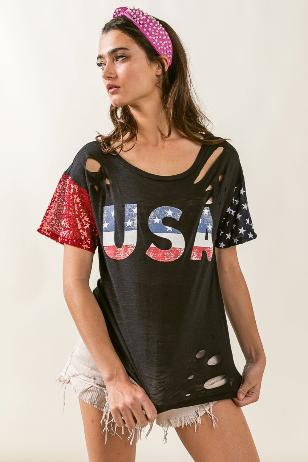 USA Graphic Short Sleeve Distressed T-Shirt Sunset and Swim   