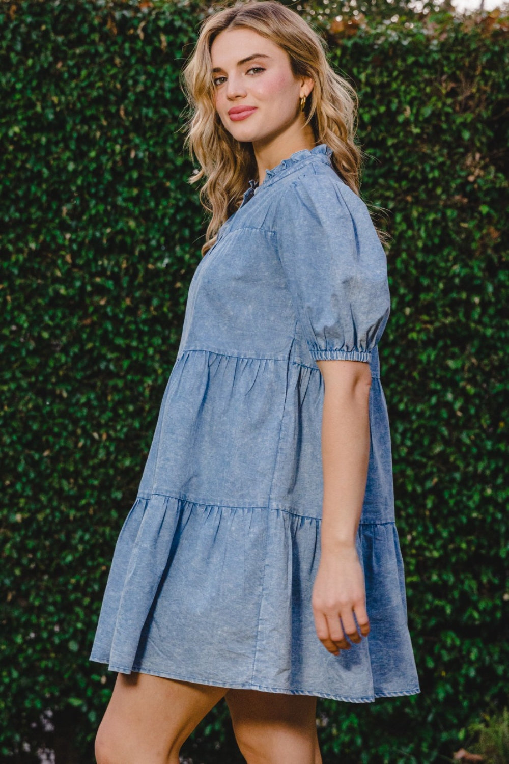 ODDI Washed Tiered Mini Denim Dress Sunset and Swim   