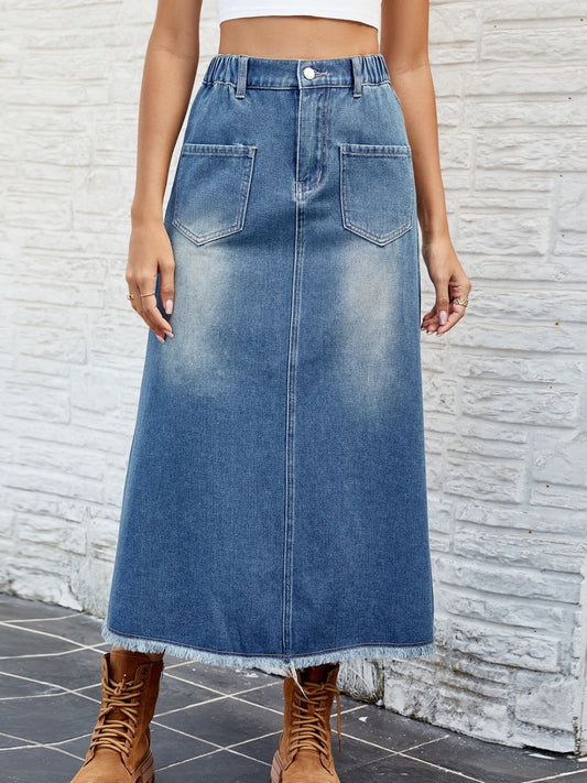 Raw Hem Buttoned Denim Skirt with Pockets  Sunset and Swim Dusty  Blue S 
