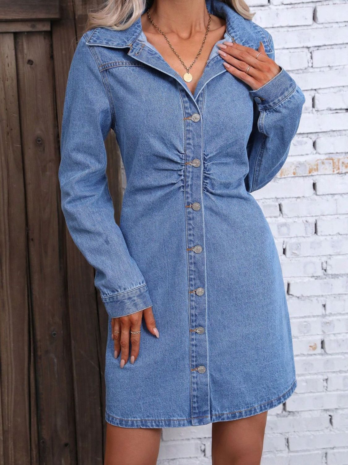 Ruched Button Up Long Sleeve Denim Dress Sunset and Swim   