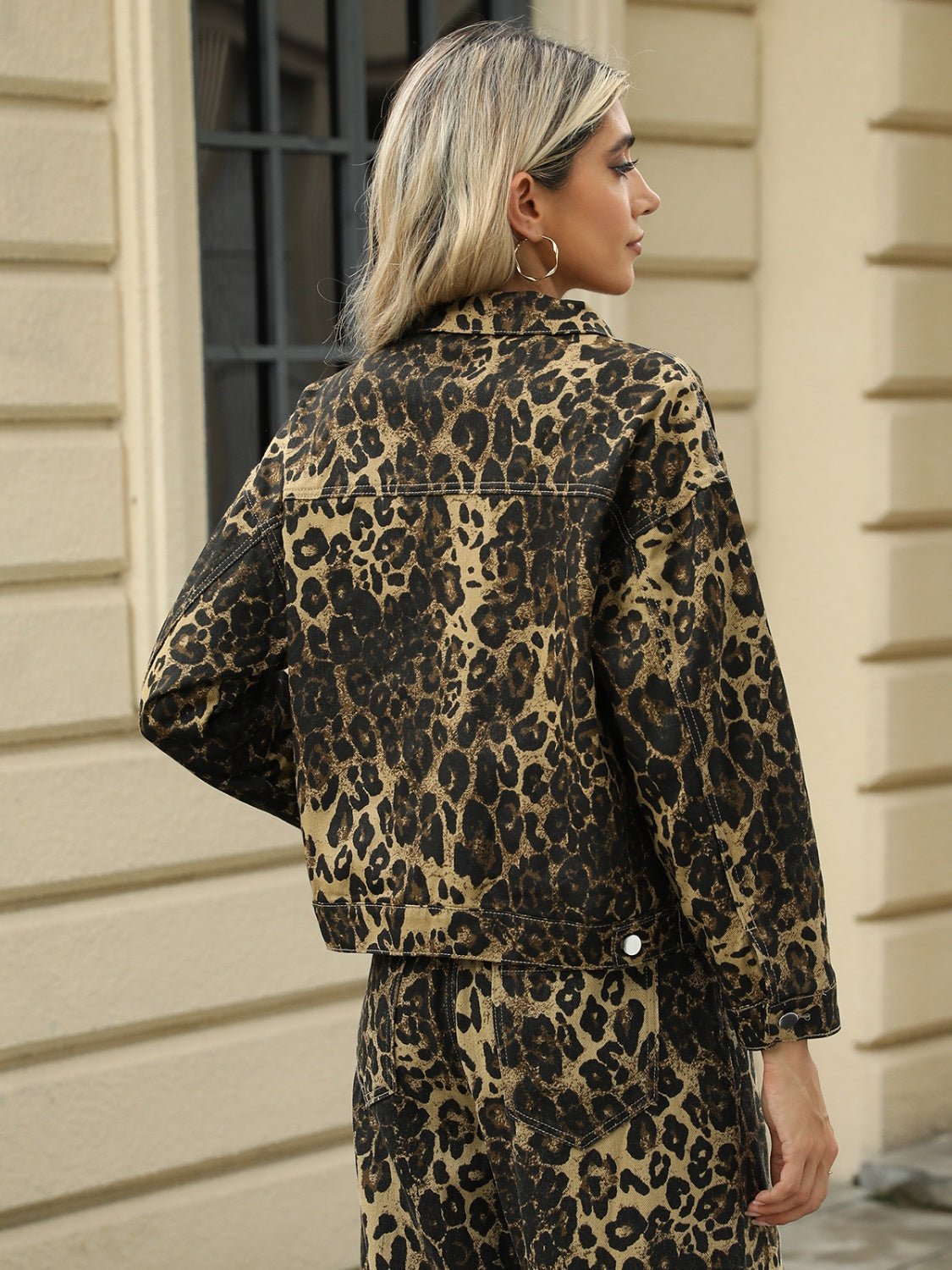 Pocketed Leopard Long Sleeve Denim Jacket Sunset and Swim   