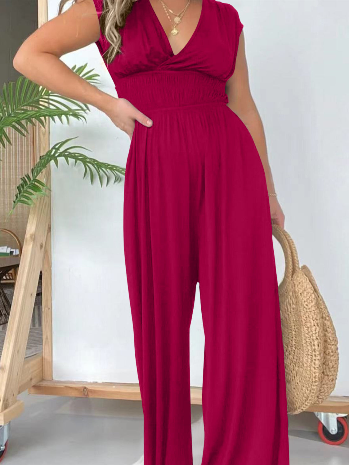 Smocked Cap Sleeve Wide Leg Jumpsuit Sunset and Swim   