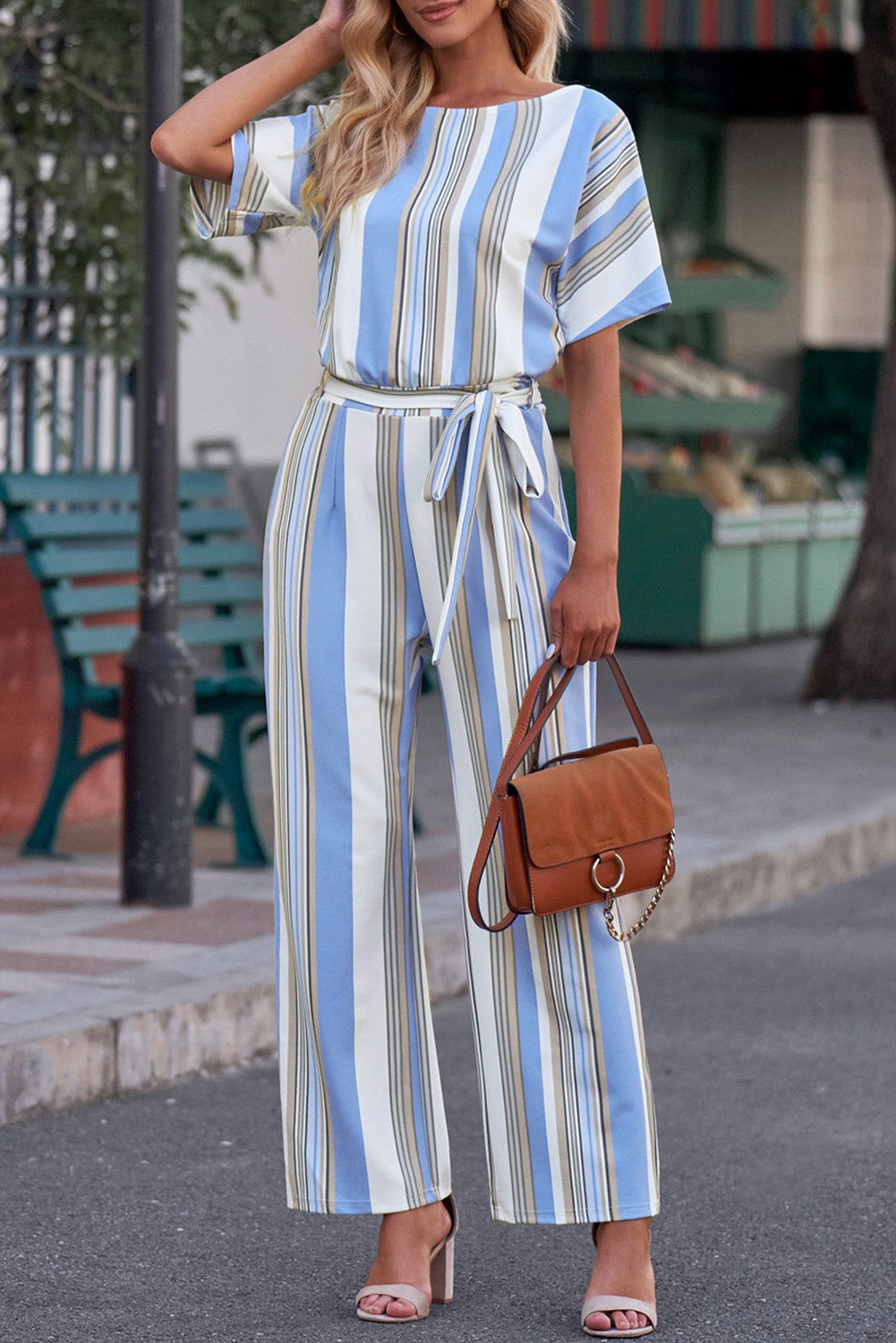 Tied Striped Round Neck Short Sleeve Jumpsuit Sunset and Swim Light Blue S 