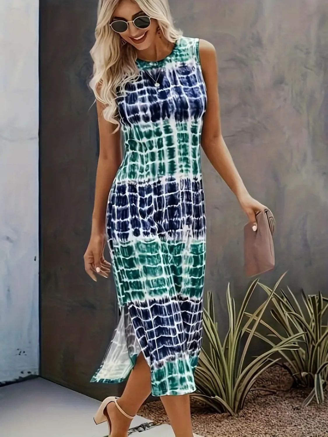 Slit Printed Round Neck Sleeveless Dress Sunset and Swim   