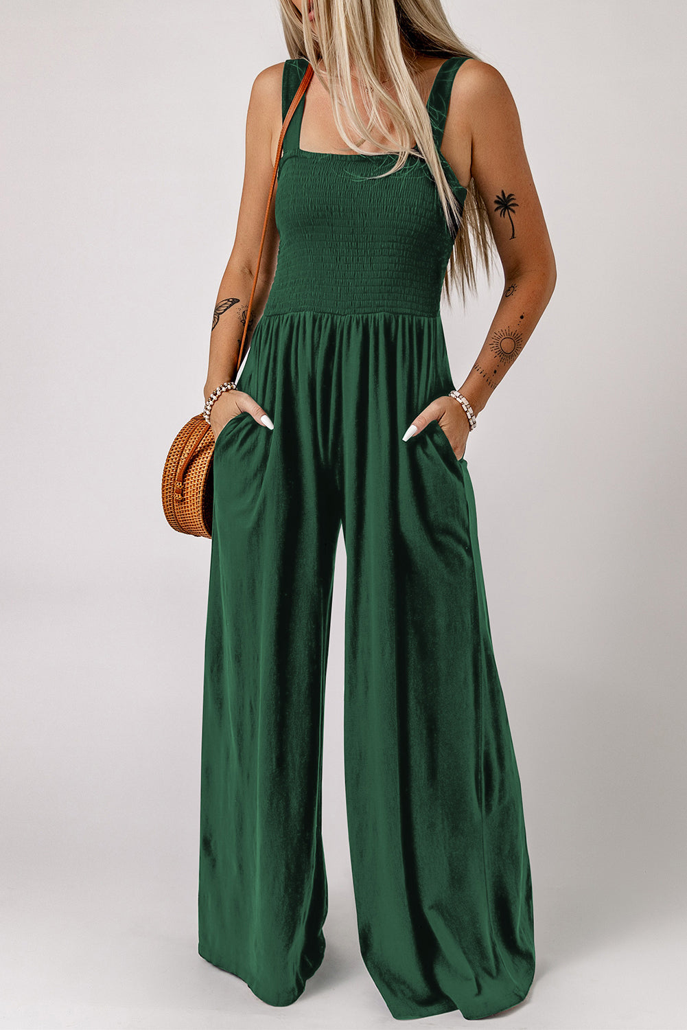 Smocked Square Neck Wide Leg Jumpsuit with Pockets Sunset and Swim Green S 