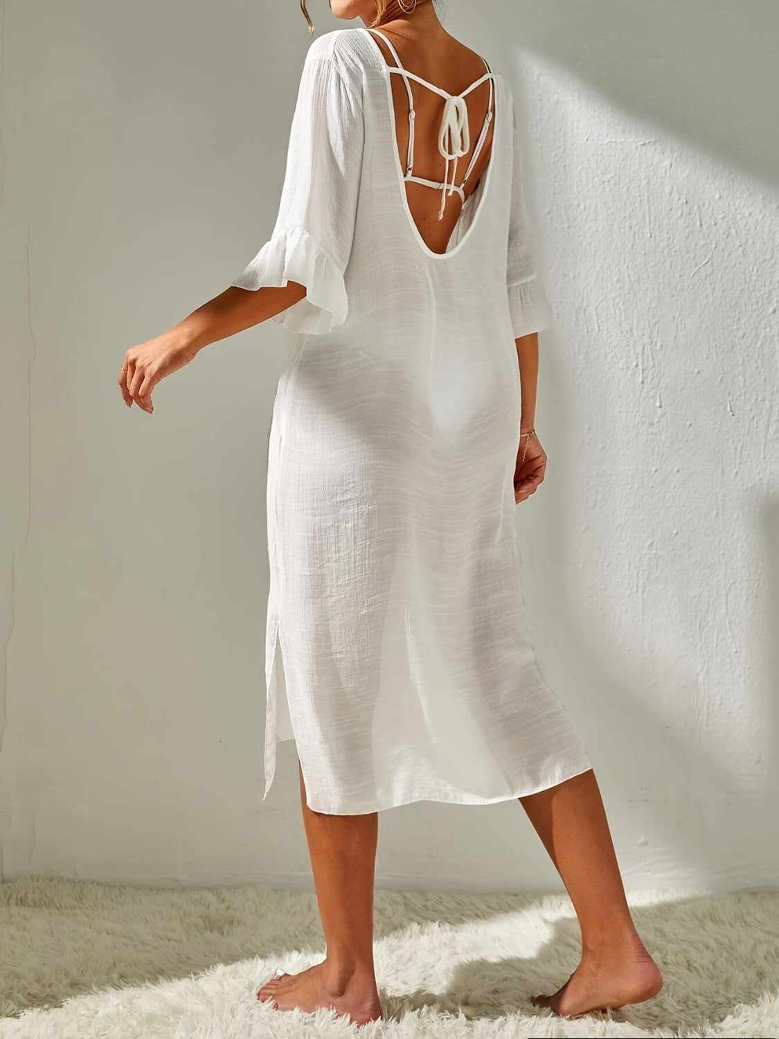 Slit V-Neck Flounce Sleeve Cover-Up Sunset and Swim   