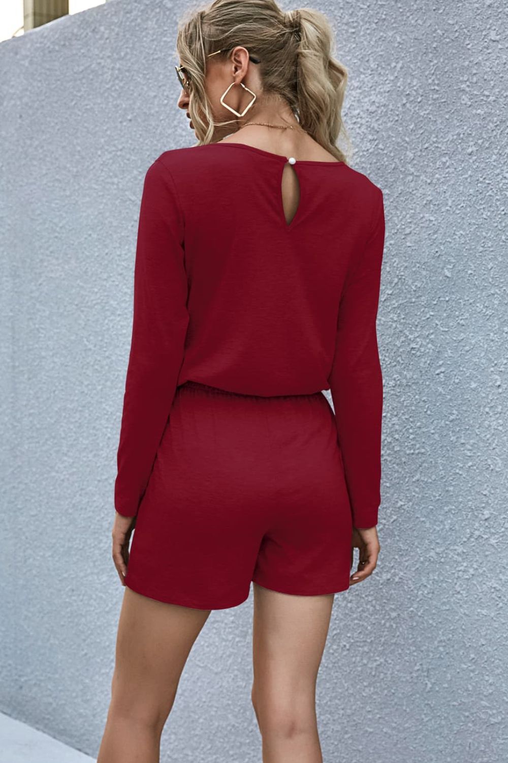 Drawstring Waist Long Sleeve Romper Sunset and Swim   