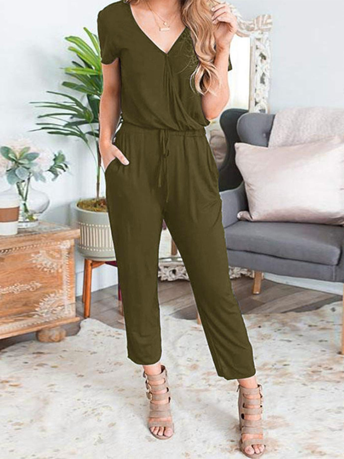 Drawstring Surplice Short Sleeve Jumpsuit Sunset and Swim Army Green S 