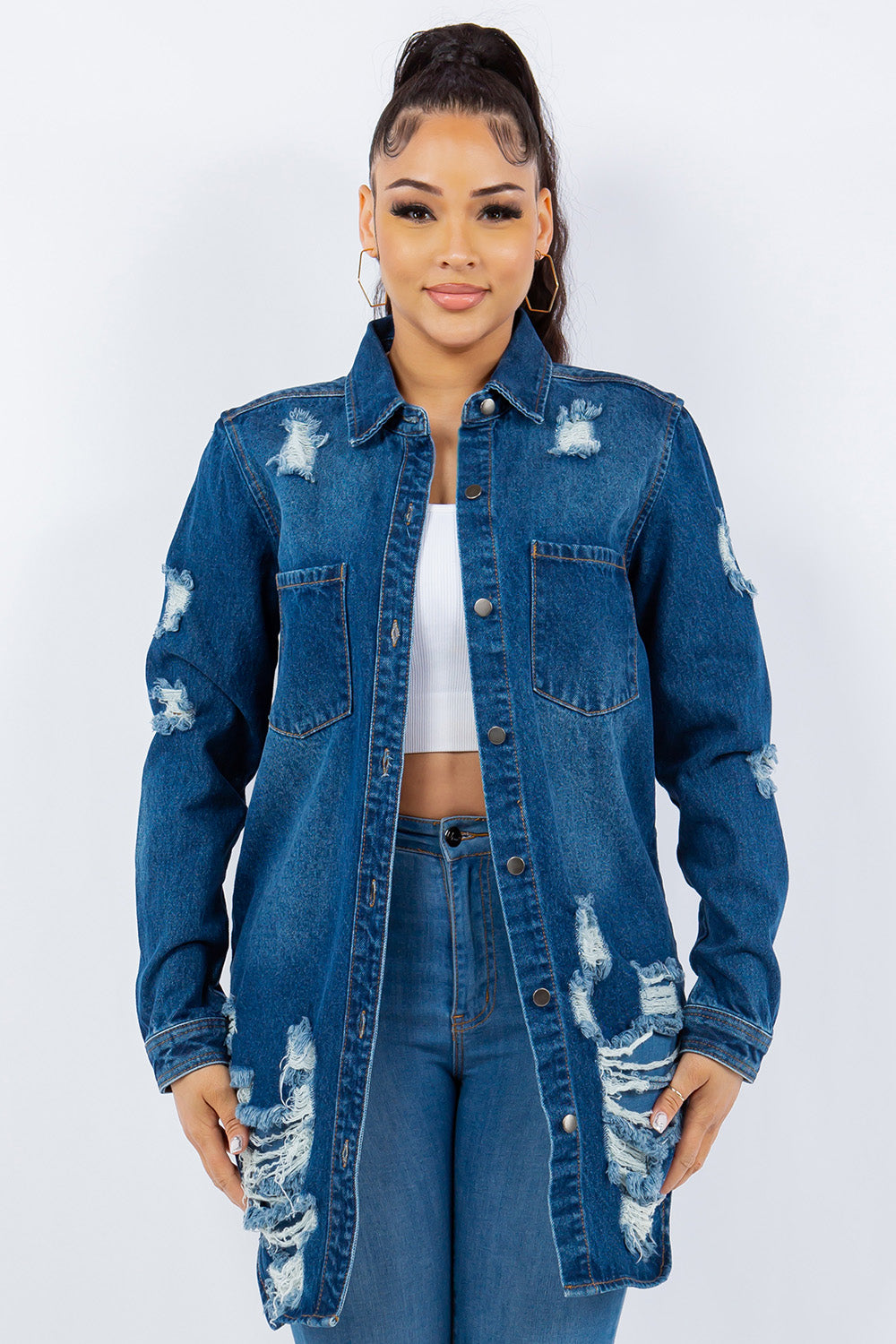 American Bazi Distressed Button Up Long Sleeve Denim Jacket Sunset and Swim Blue S 