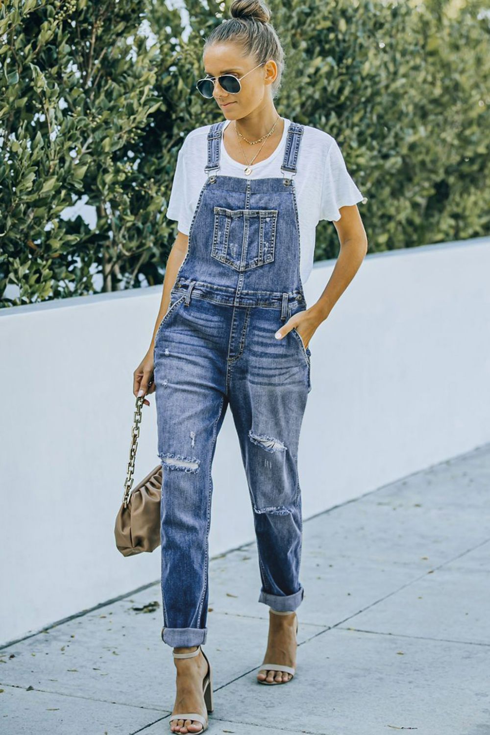 Pocketed Distressed Denim Overalls Sunset and Swim Sky Blue S 